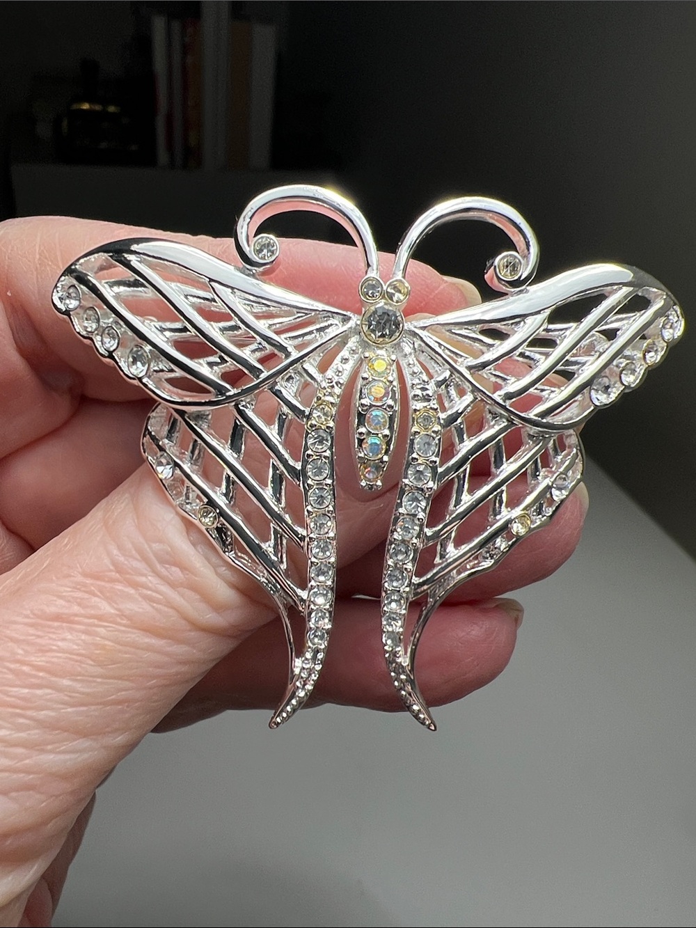 Sparkling Crystal Butterfly Brooch Pin - Silver Tone - Estate Vintage